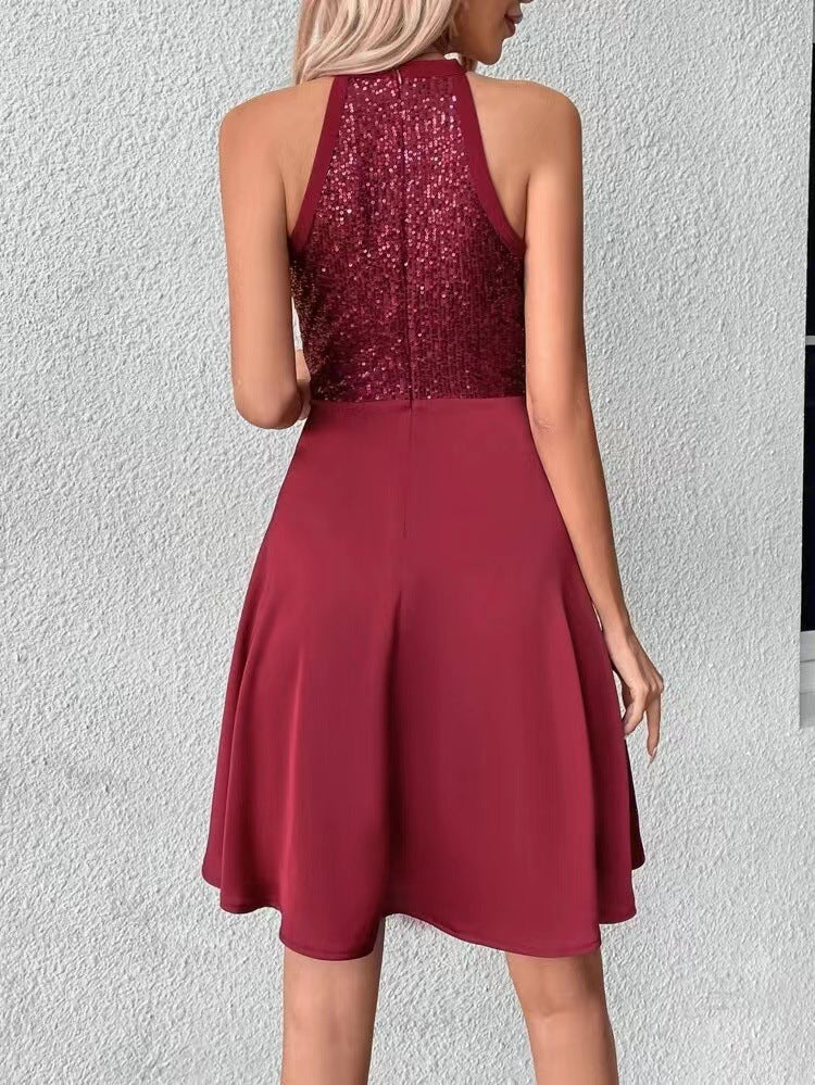 Summer  Sequin Stitching Sleeveless Slim Solid Color Dress