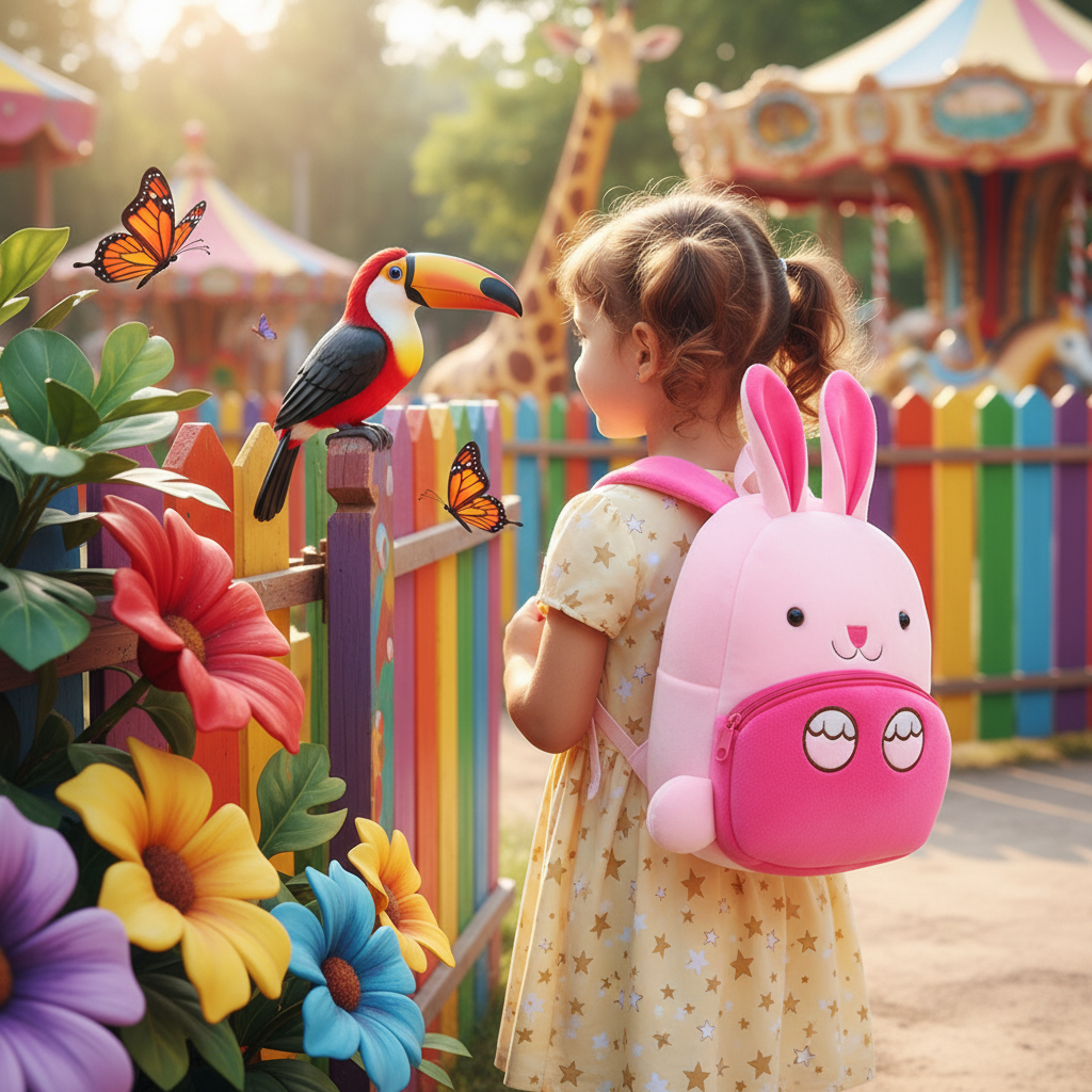Pink kids animal backpack with plush rabbit ears and smiling face front pocket