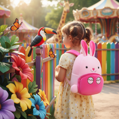 Pink kids animal backpack with plush rabbit ears and smiling face front pocket