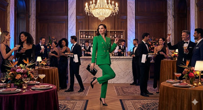 Green women's lapel blazer with matching slim trousers, standing pose with heels.