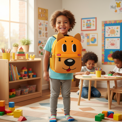 Cartoon tiger kids backpack with smiling face, orange body, black stripes, front pocket