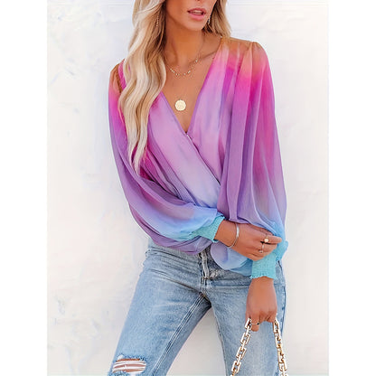 Womens V Neck Gradient Color Long Sleeve Tops 2025 Summer Casual Loose Puff Sleeve Chiffon Shirts