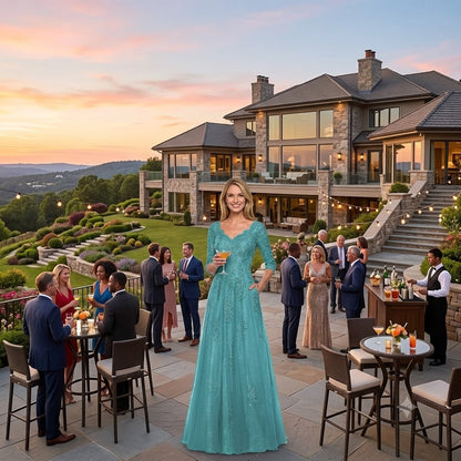 Teal long evening gown with V-neck lace bodice and full floor-length skirt
