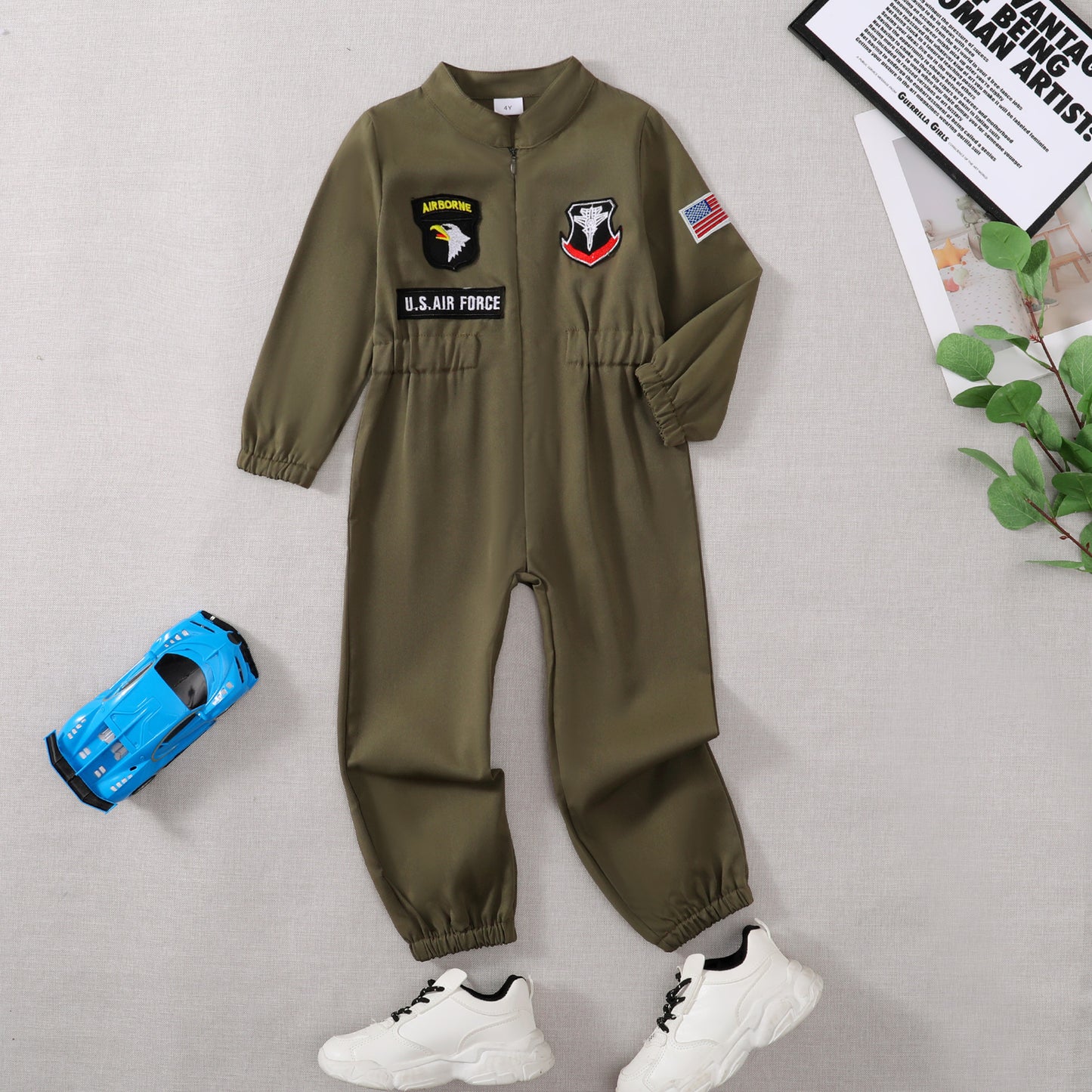 Toddler Boys Pilot Jumpsuit Army Green Long Sleeve Romper, Party Outfits