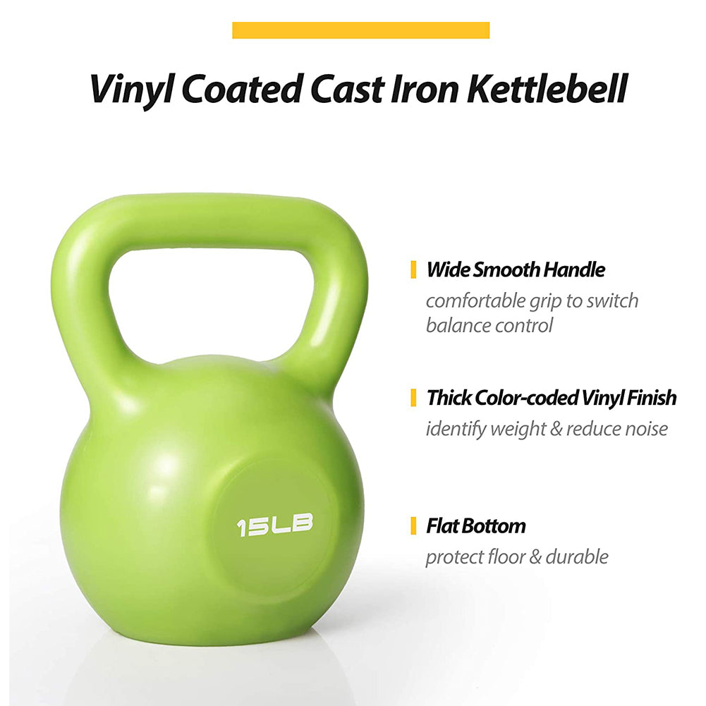 Green 15 lb vinyl-coated cast iron kettlebell with wide smooth handle and flat base