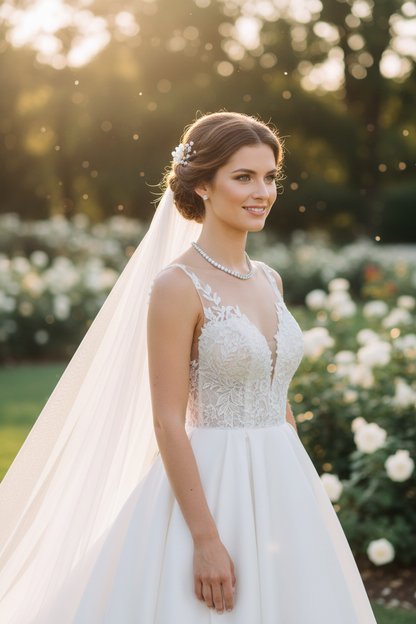 Rhinestone necklace with matching drop earrings, worn for wedding attire