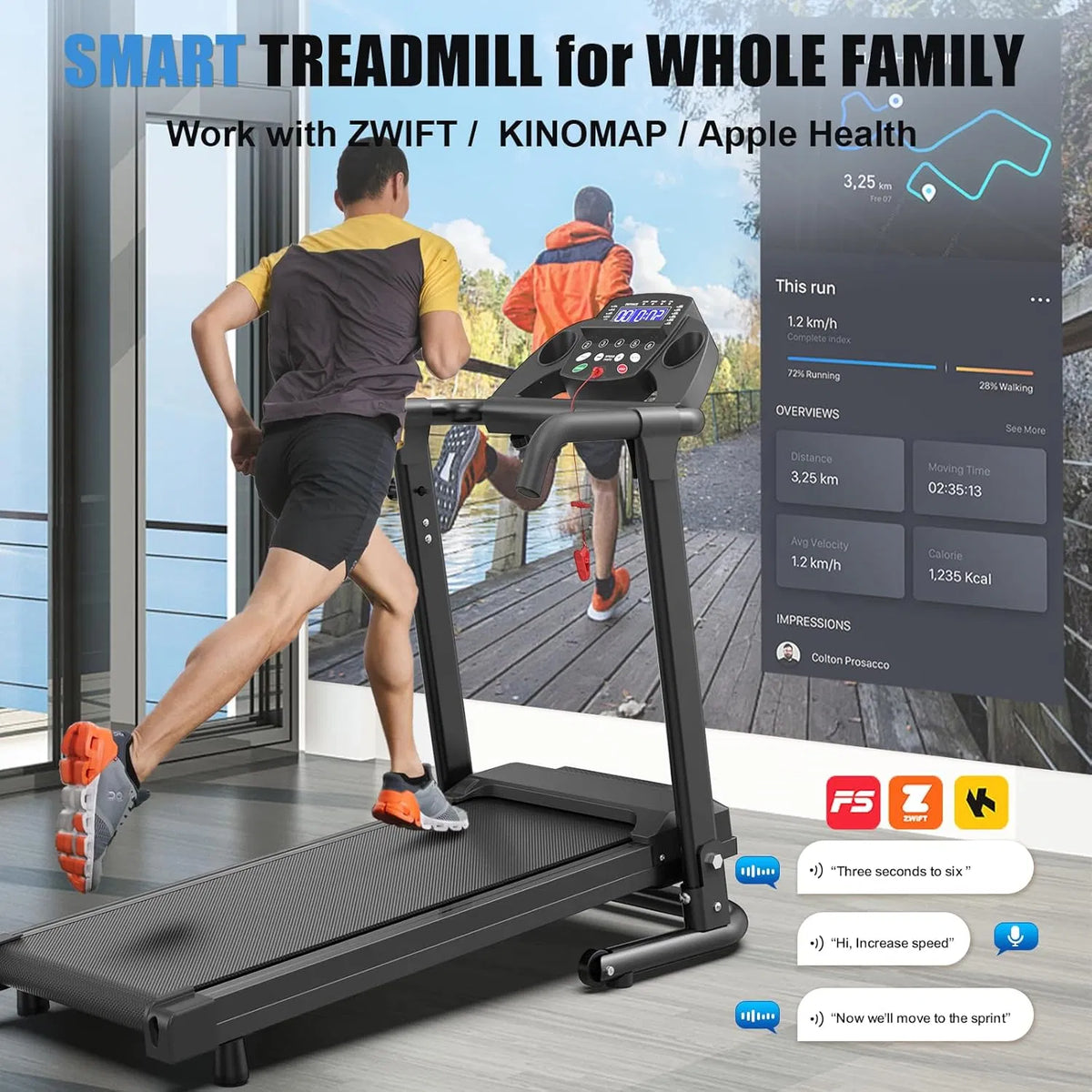 Folding treadmill with handlebar console and wide running belt, dark gray and black