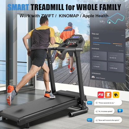 Folding treadmill with handlebar console and wide running belt, dark gray and black