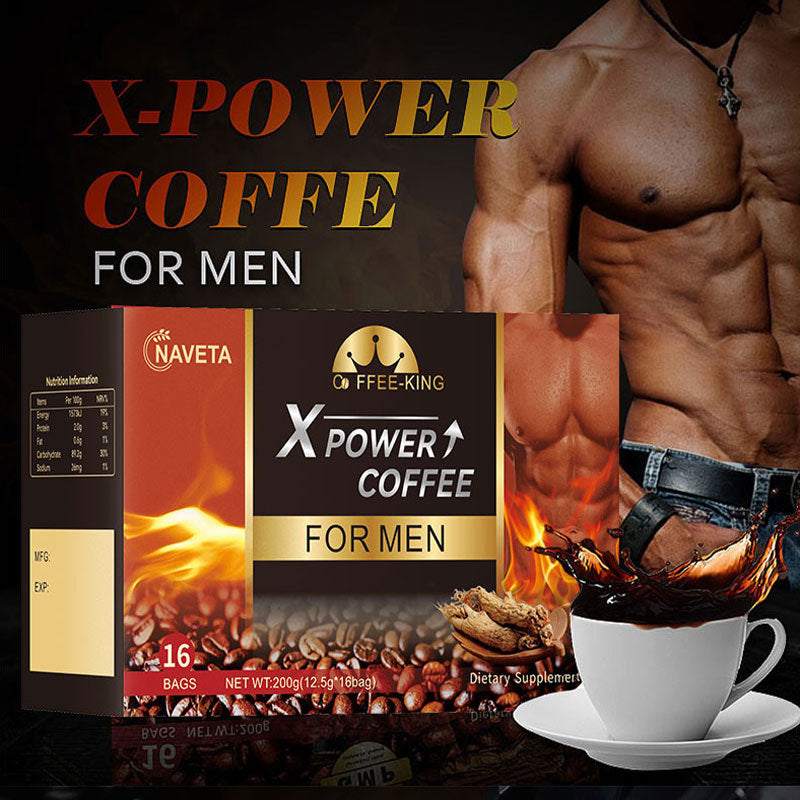 Instant black coffee for men box, Naveta X-Power Coffee, flame and beans graphics