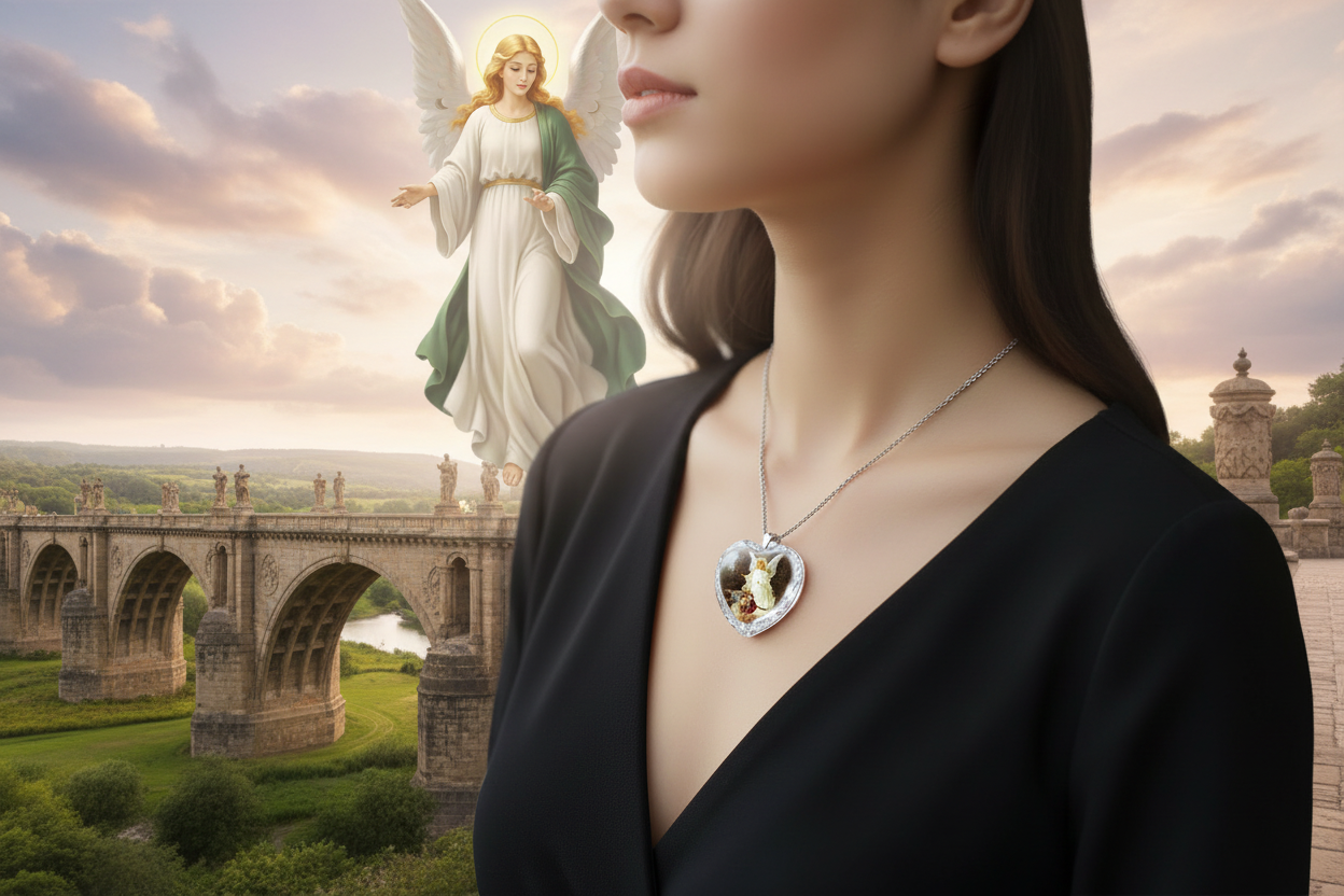 Heart crystal pendant necklace with angel figure on silver-tone chain