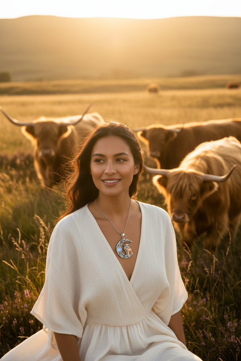 925 sterling silver moonstone cow-and-moon pendant necklace on a white dress