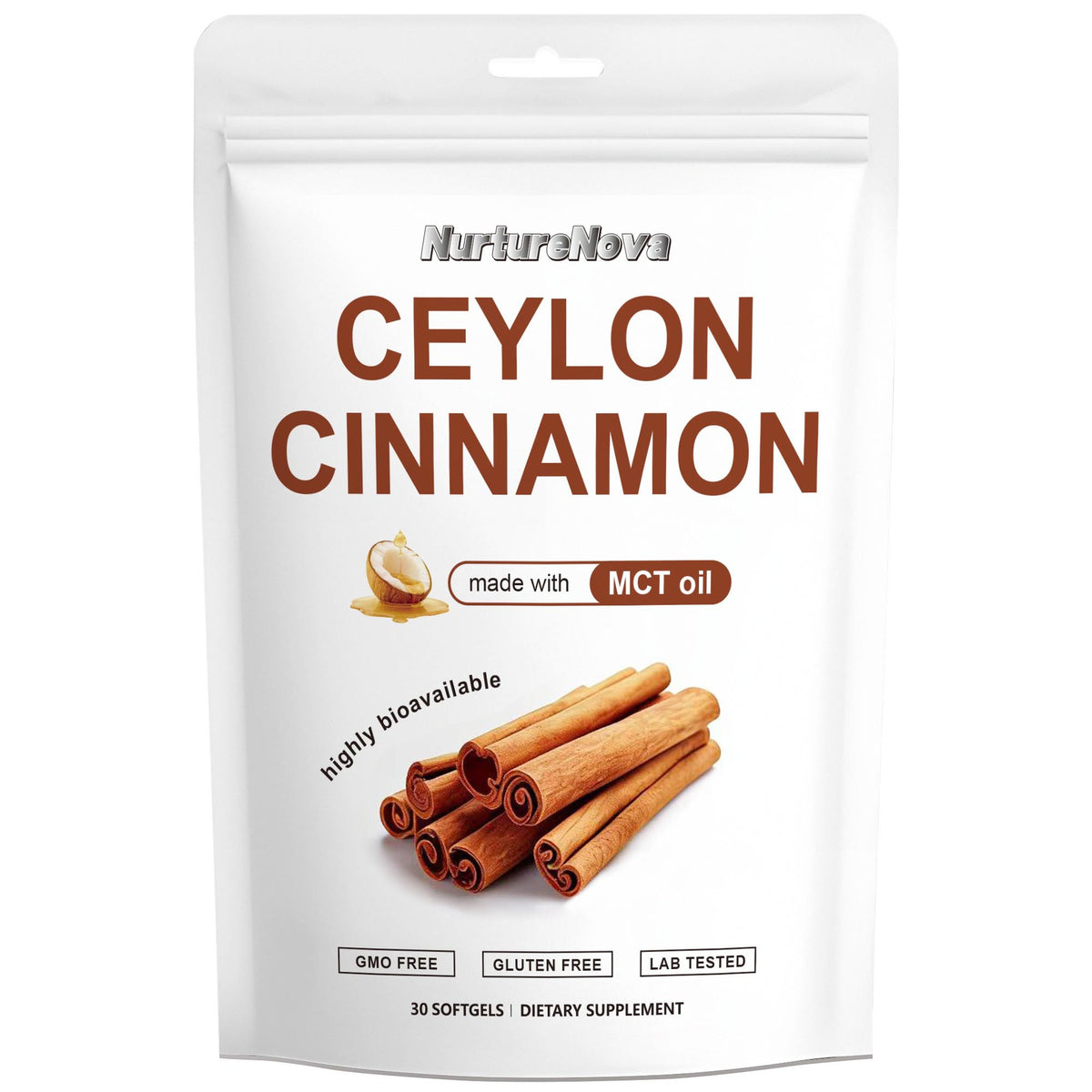 NatureNova Ceylon Cinnamon softgel pouch front view, 30 softgels dietary supplement