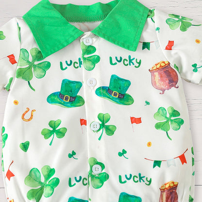 Newborn Baby Boy St. Patrick's Day Clothes Short Sleeve Clover Print Romper & Suspenders Pant 2Pcs Casual Clothes Set