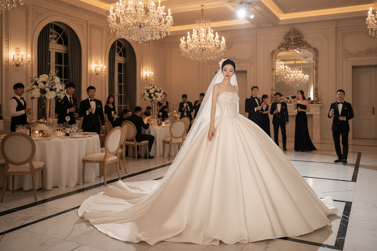 White strapless wedding dress with veil and fitted bodice, full skirt with long train
