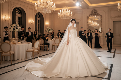 White strapless wedding dress with veil and fitted bodice, full skirt with long train