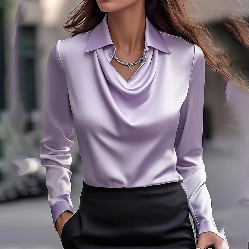 Women's Elegant Long Sleeve Blouse - Solid Color Lapel Top With Rucked Chest