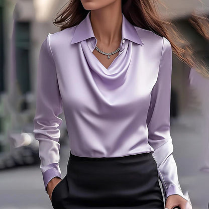 Women's Elegant Long Sleeve Blouse - Solid Color Lapel Top With Rucked Chest