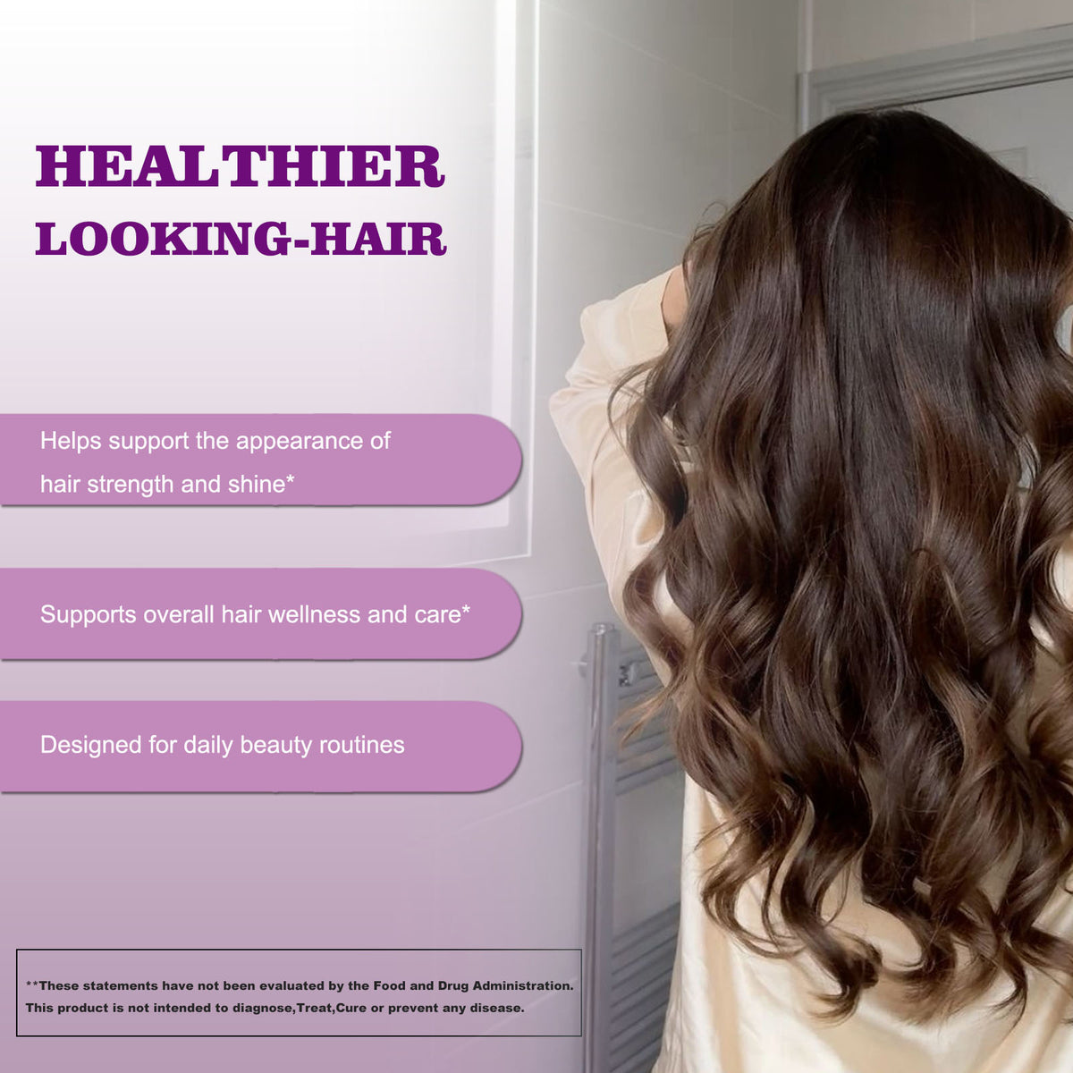 Hair growth supplement promotional panel with “Healthier-looking hair” and strength/shine text