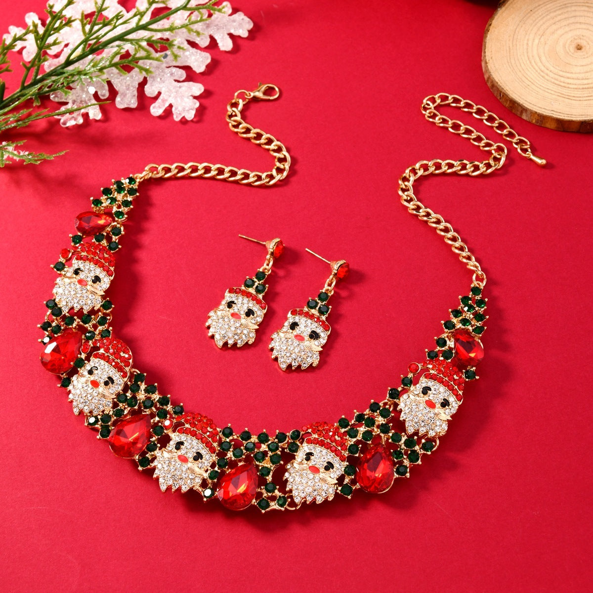 3pcs Christmas Set With Colored Rhinestones Ins Fashionable Shiny Santa Claus Necklace