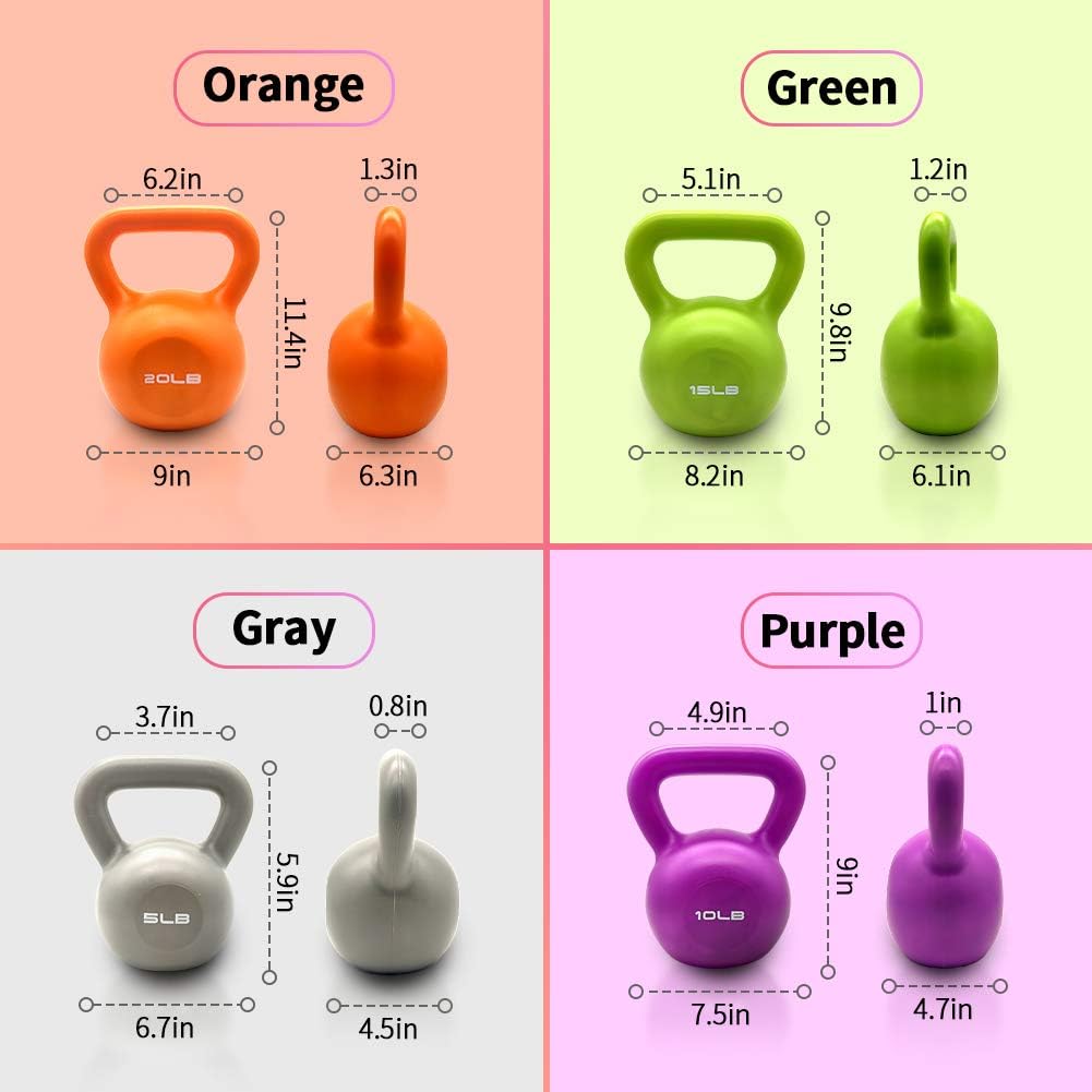 Color options chart showing green 15 lb kettlebell size and handle dimensions