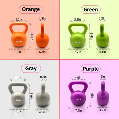 Color options chart showing green 15 lb kettlebell size and handle dimensions