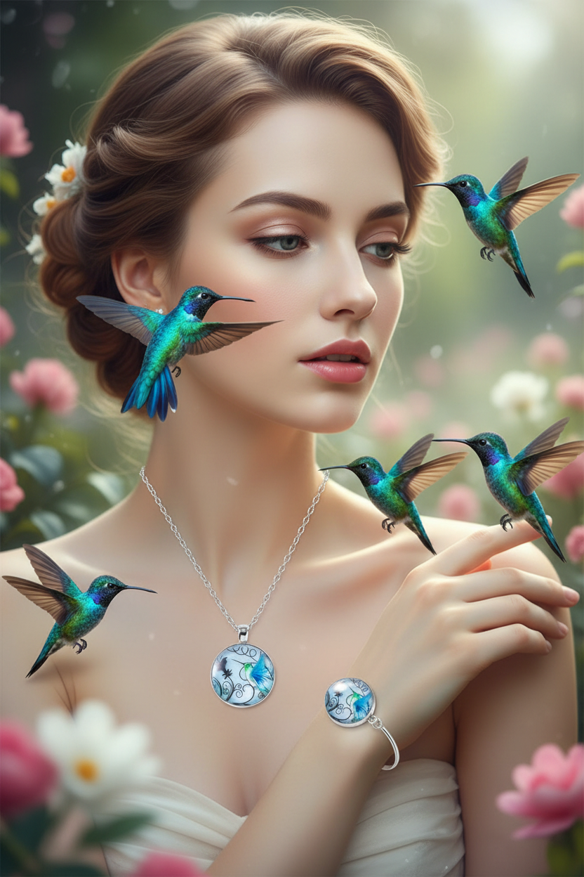 Silver hummingbird glass round pendant necklace with drop earrings and cuff bracelet