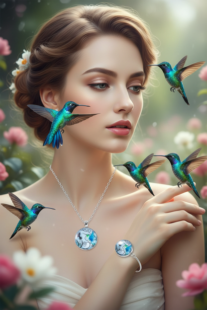 Silver hummingbird glass round pendant necklace with drop earrings and cuff bracelet