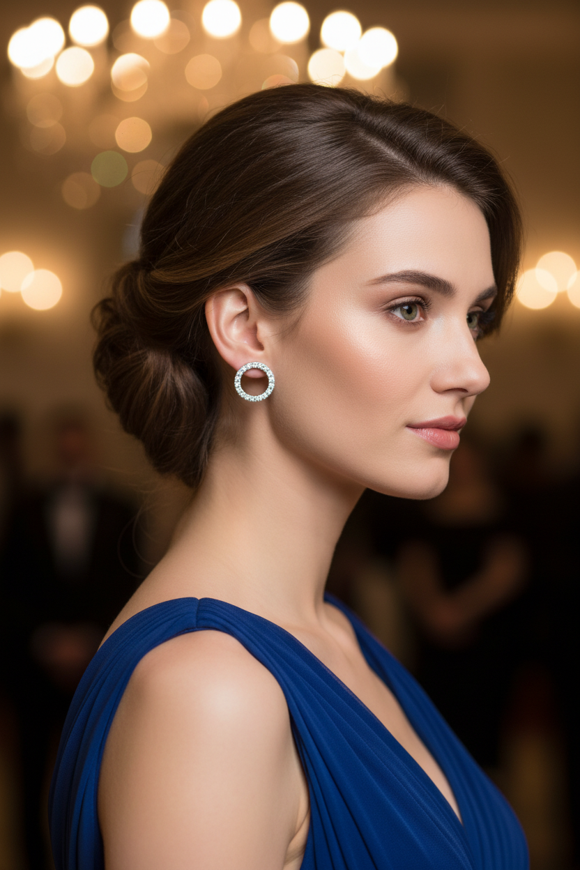 Silver moissanite stud earrings with round pavé halo, close-up on ear