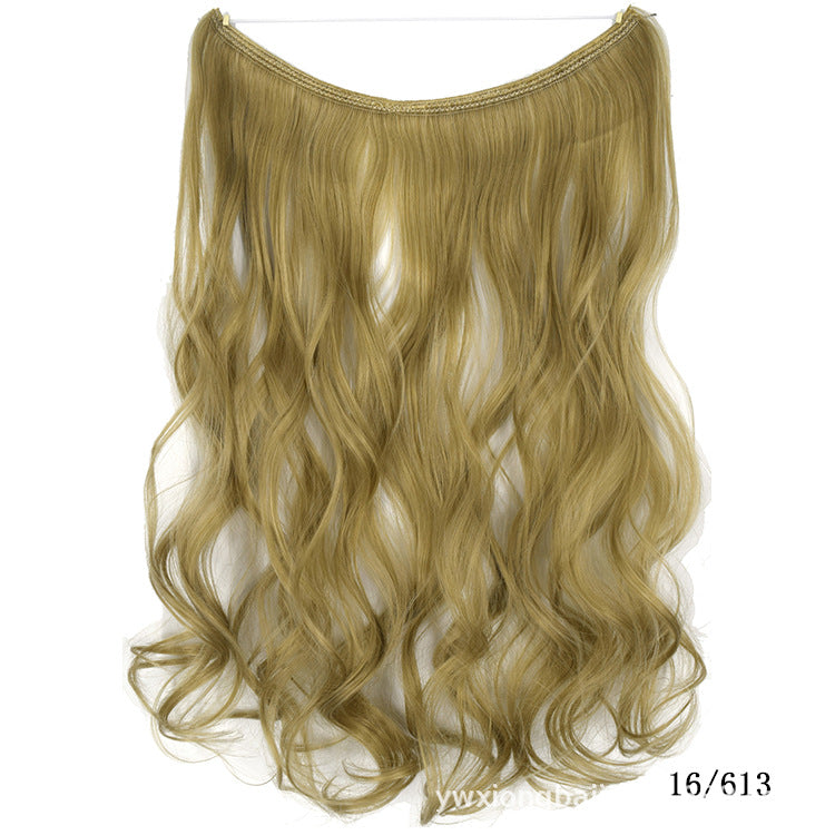 Womens seamless hair extension wig set, wavy blonde with soft highlights and top band.