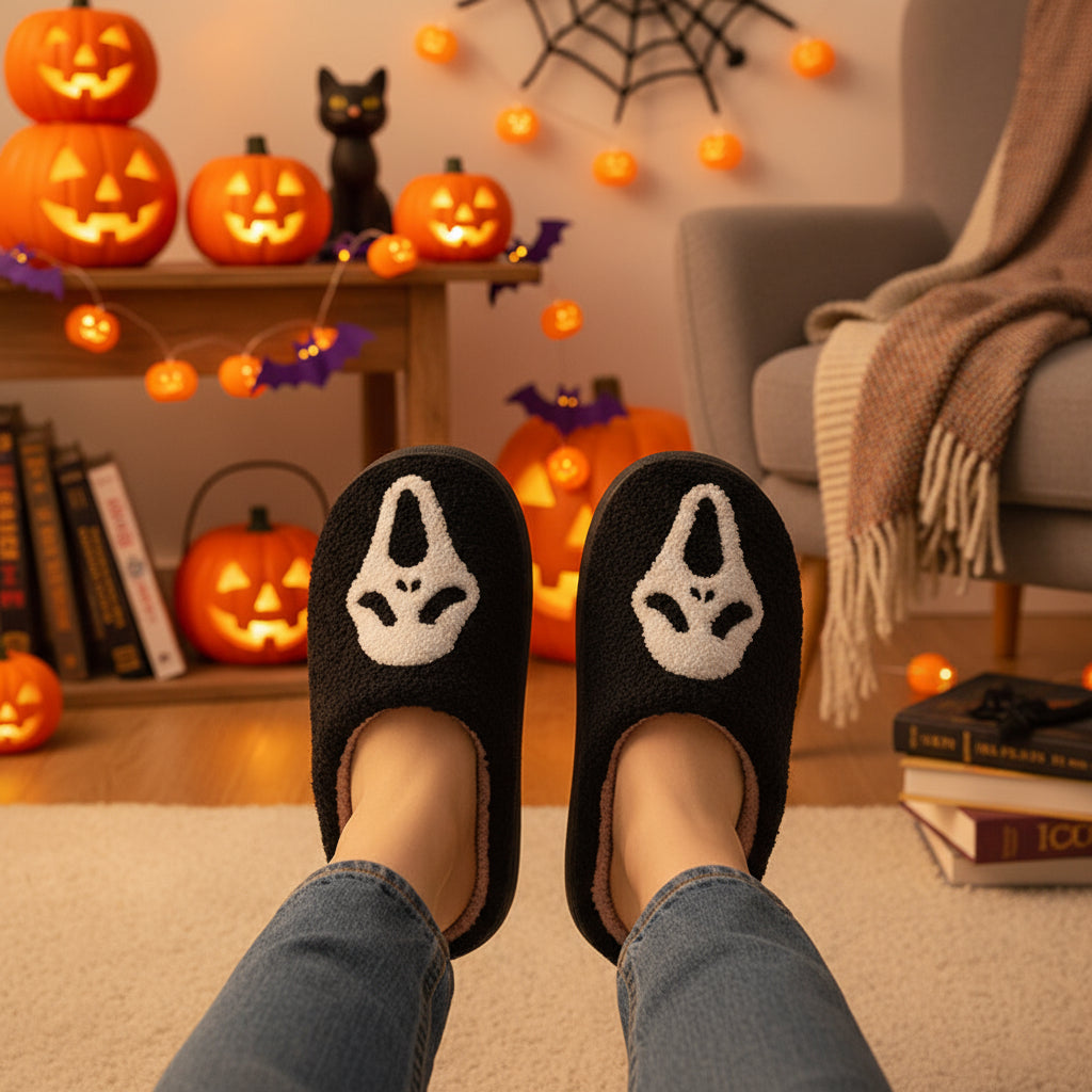 Halloween Skull Cartoon Print  Warm Winter, For Men Women Home Shoes Indoor Cotton Slippers