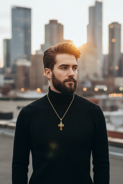 Men’s cross pendant necklace with hollow cross pendant on a gold-tone chain