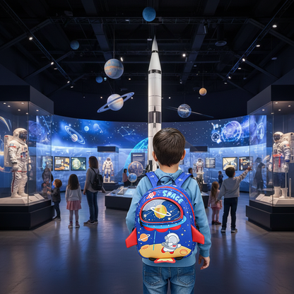 Kids blue astronaut backpack with back planet graphic and red bottom side tabs