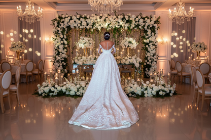 White lace wedding gown with detailed back and full, flowing skirt