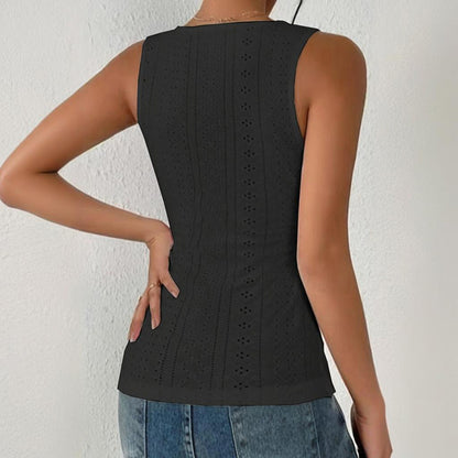 Women's V-Neck Sleeveless Rucked Tank Top Slim Fit Button Detail Casual Tee