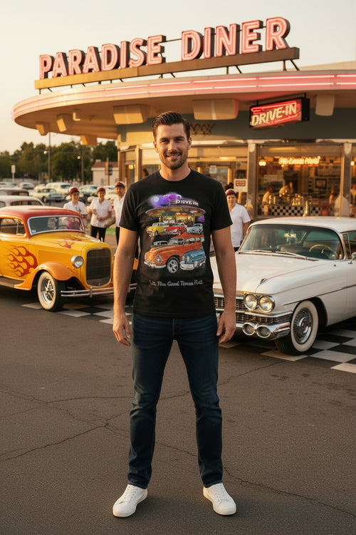 Black men’s T-shirt with retro car graphic print and slogan text