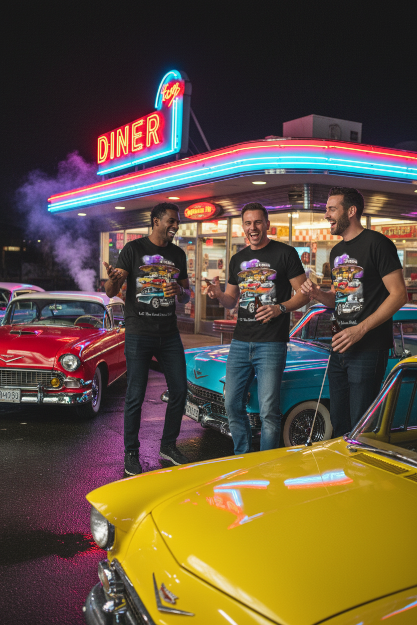 Black men’s T-shirt with retro car graphic print and decorative banner text