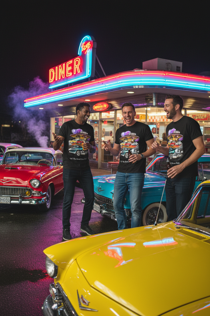 Black men’s T-shirt with retro car graphic print and decorative banner text