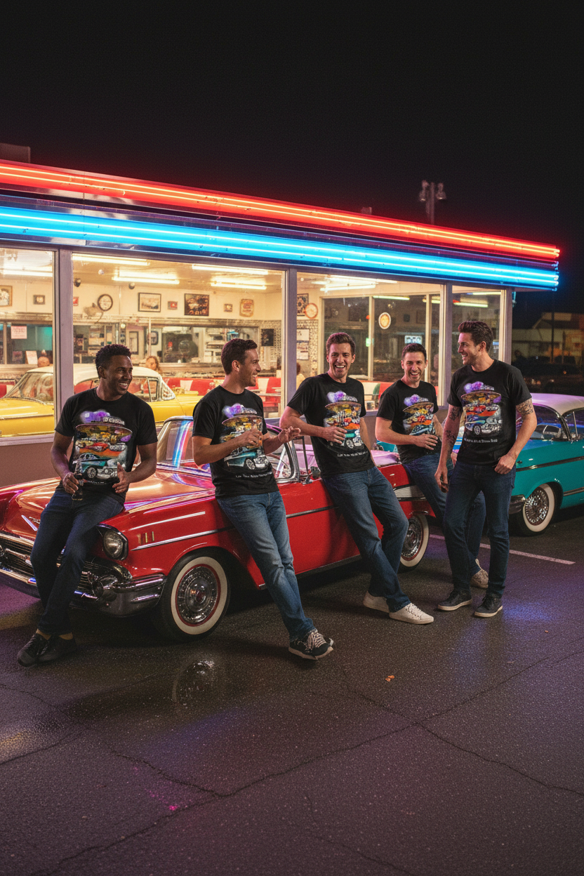 Men's black short-sleeve T-shirt featuring retro car graphic on the chest
