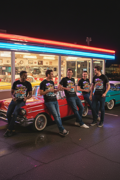 Men's black short-sleeve T-shirt featuring retro car graphic on the chest