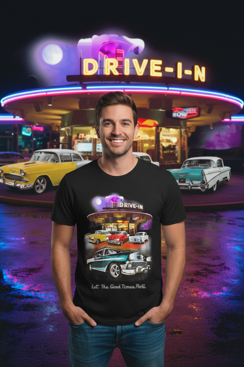 Black men’s T-shirt with drive-in style retro car graphic and lettering