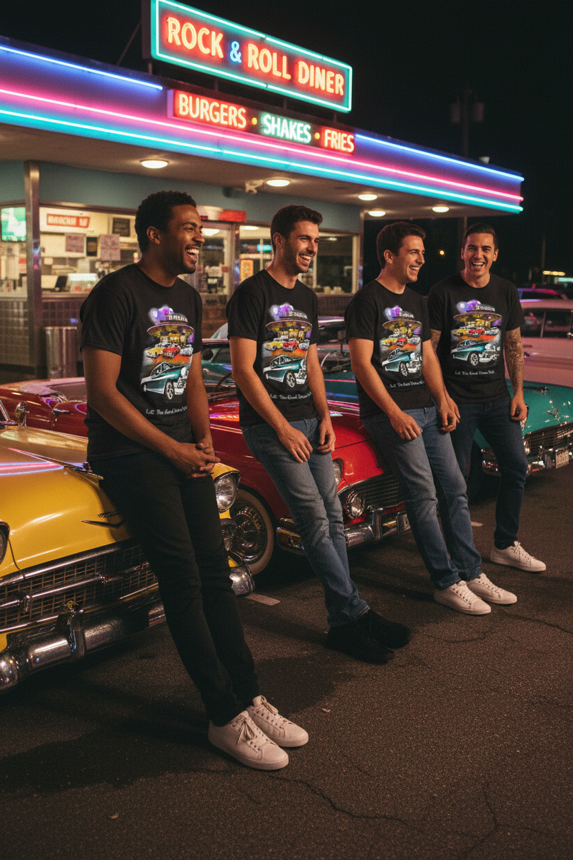 Men's black crew-neck short-sleeve T-shirt with retro car print on chest