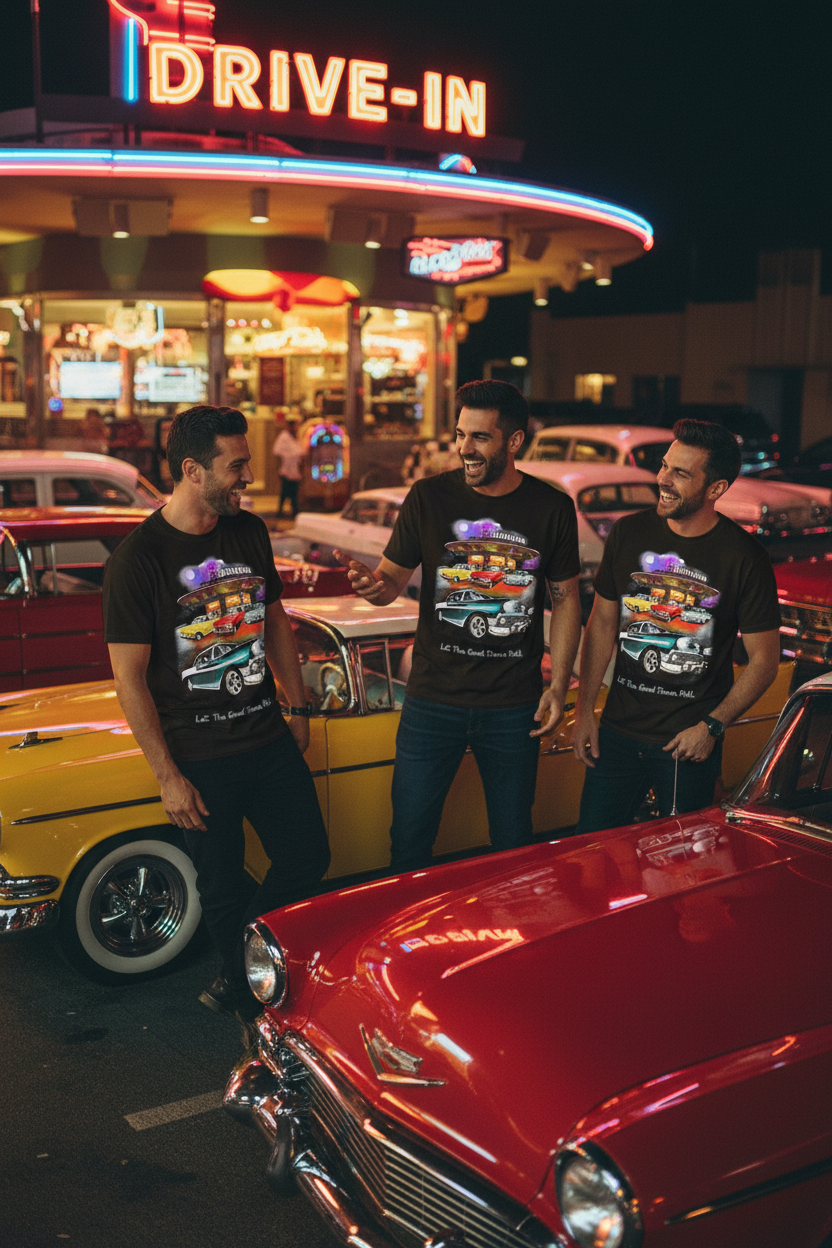 Men's black short-sleeve T-shirt with retro car scene graphic on chest