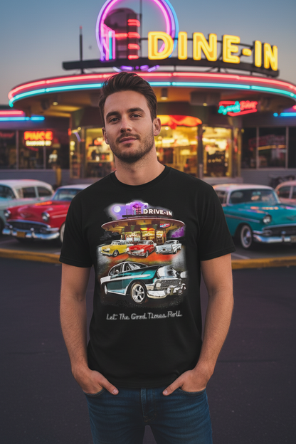 Men's black short-sleeve T-shirt with retro car graphic and small text below