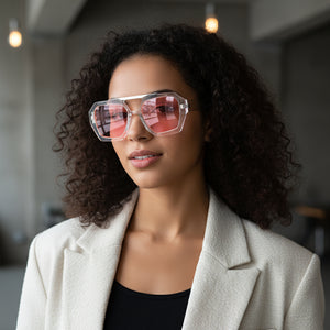 Big frame sunglasses with clear frame and pink tinted lenses