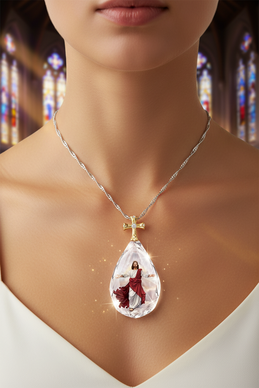 Two-tone crystal cross pendant necklace close-up: gold cross, clear teardrop charm on chain