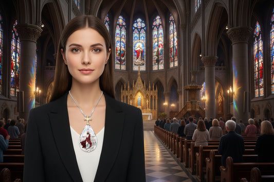 Two-tone cross pendant necklace with clear teardrop crystal charm on silver chain