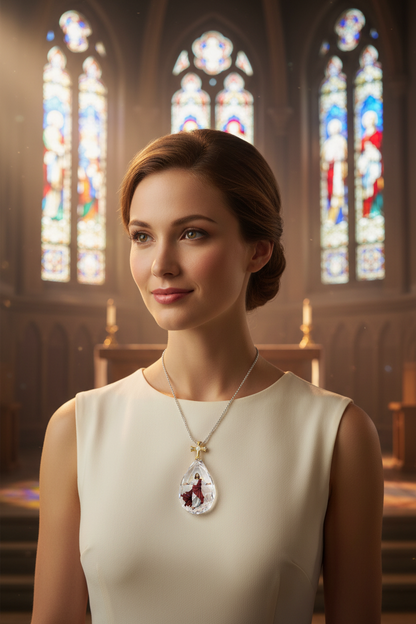 Two-tone crystal cross pendant necklace with clear teardrop charm and silver chain