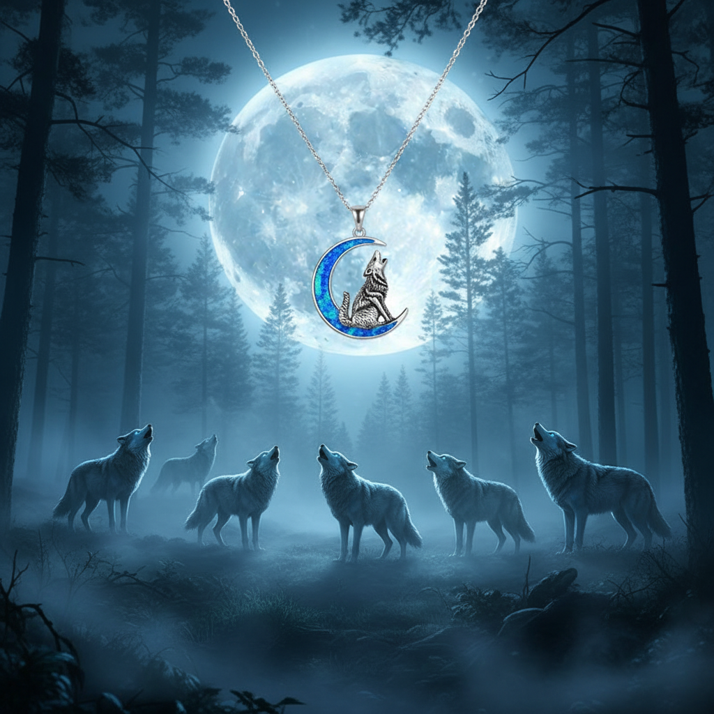 Silver moon pendant necklace featuring blue bezel and engraved wolf on charm