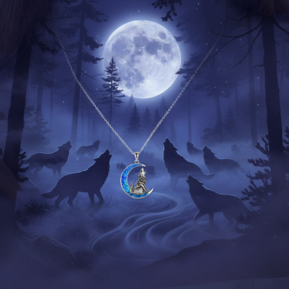 Silver chain necklace with moon opal wolf pendant and blue inlay, centered drop