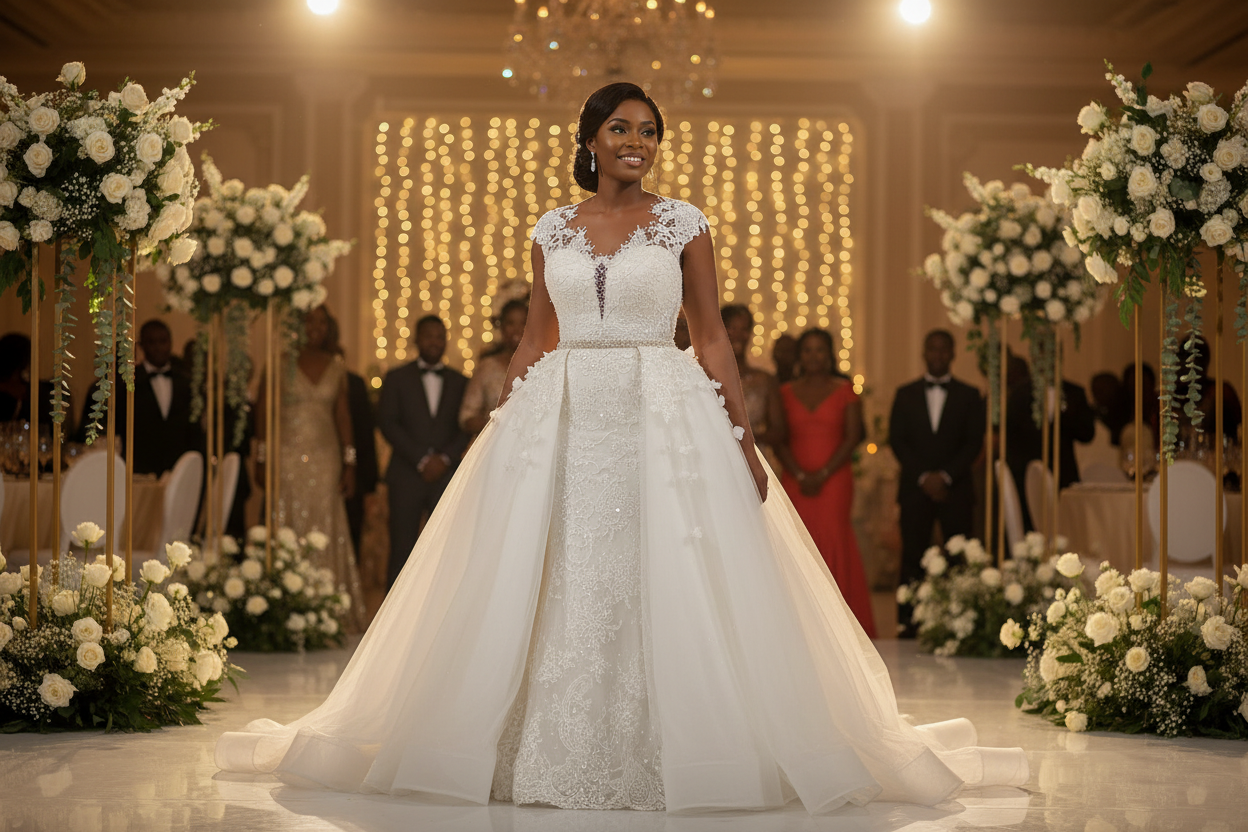 White lace mermaid wedding dress with lace bodice, textured skirt, and cap sleeves